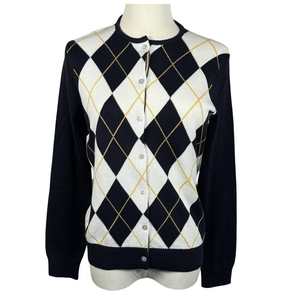 Preppy Collegiate Argyle‎ Cardigan Sweater Cotton Lands End XS NWT